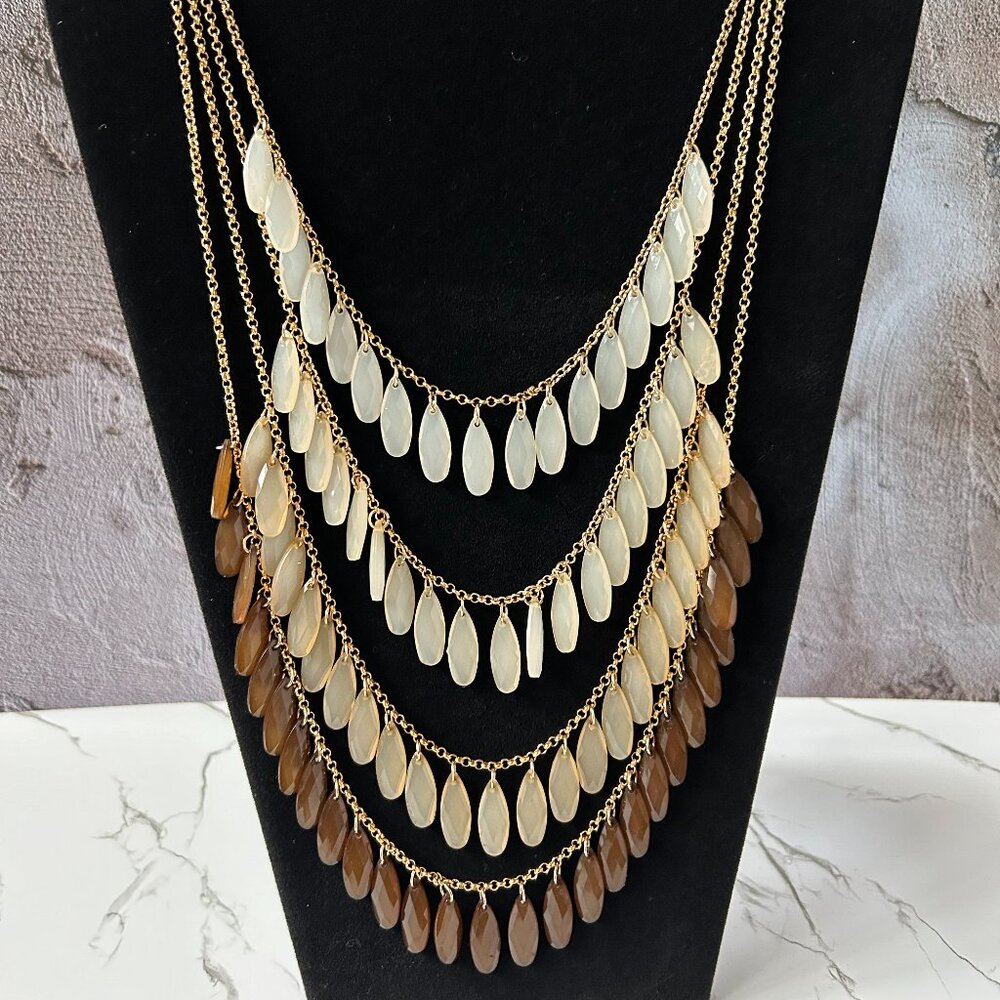 Layered necklace 4 strands gold tone chain with teardrop stones